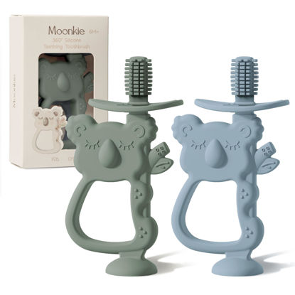 Picture of Moonkie Teething Toy Set of 2, Safe & Easy to Hold BPA Free Silicone Teethers, 360° Baby Toothbrush with Suction Base, Teether Toys Best for Babies 6-12 Months (Koala Ether/Sage)