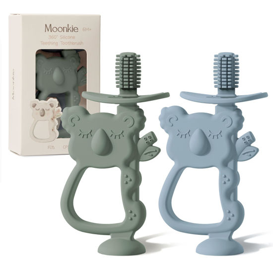 Picture of Moonkie Teething Toy Set of 2, Safe & Easy to Hold BPA Free Silicone Teethers, 360° Baby Toothbrush with Suction Base, Teether Toys Best for Babies 6-12 Months (Koala Ether/Sage)