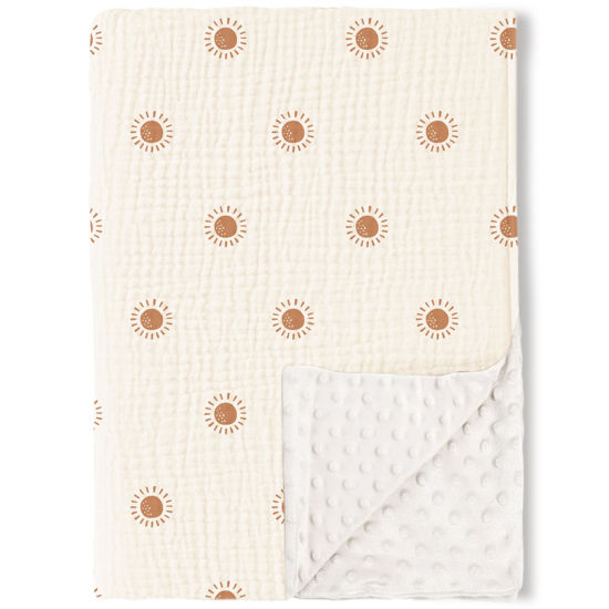 Picture of Konssy Baby Blankets for Unisex Boys Girls, Super Soft Nursery Minky Blankets with Muslin Cotton Front and Dotted Fleece Backing, Printed Bed Throws Newborn