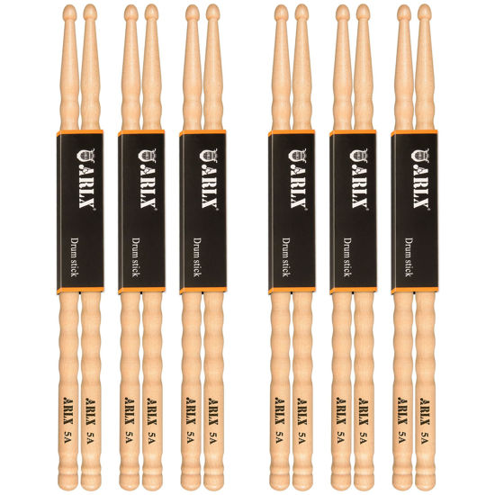 Picture of ARLX Drum sticks 5A 6 Pair Maple Wood Drumsticks Non-slip Wave Design for Drums (6 Pair Wave 5A Drum Sticks)