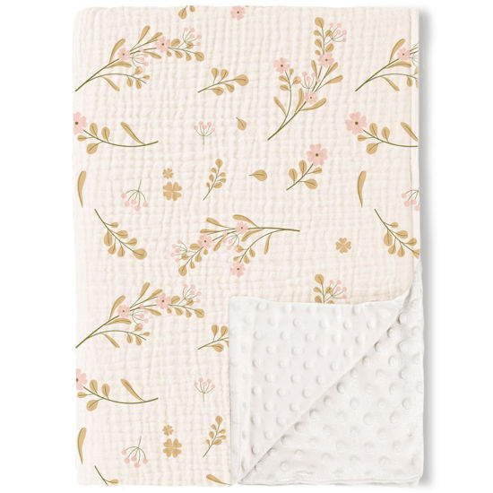 Picture of Konssy Baby Blankets for Unisex Boys Girls, Super Soft Nursery Minky Blankets with Muslin Cotton Front and Dotted Fleece Backing, Printed Bed Throws Newborn