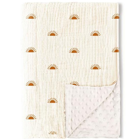 Picture of Konssy Baby Blankets for Unisex Boys Girls, Super Soft Nursery Minky Blankets with Muslin Cotton Front and Dotted Fleece Backing, Printed Bed Throws Newborn
