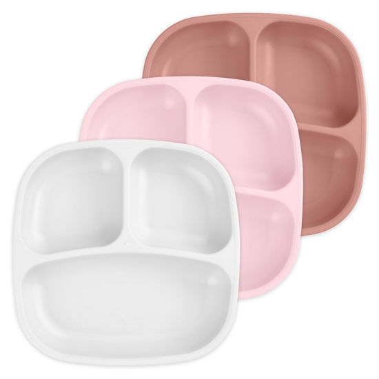 Picture of Re-Play Made in USA 7" Deep Walled Divided Plates for Kids, Set of 3 - Reusable 3 Compartment Plates, Dishwasher and Microwave Safe - 7.37" x 7.37" x 1.25", Blossom
