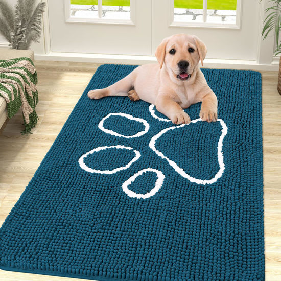 Picture of Smiry Dog Door Mat for Muddy Paws, Absorbent Dirt Trapper Non-Slip Washable Mat, Quick Dry Chenille, Mud Mat for Dogs, Entry Indoor Door Mat for Inside Floor (40x32 Inches, Atlantic Blue)