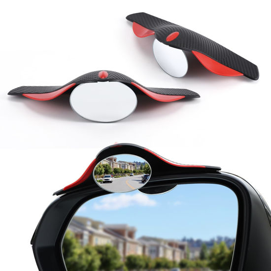 Picture of LivTee Blind Spot Mirror with Side Mirror Rain Guard, HD Glass Frameless Convex, Carbon Fiber 2-in-1 Side Mirror Covers Kit with Wide Angle Adjustable Stick for Cars SUV and Trucks, Pack of 2