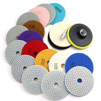 Picture of 4 Inch Diamond Polishing Pads with 5/8’’-11 Backer Pad, 12PCS Wet/Dry Granite Stone Polish Pad Kit for Drill, Grinder, Polisher, 50-6000 Grit Polishing Pad for Concrete Marble Rock Countertop Quartz