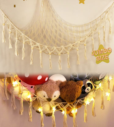 Picture of Stuffed Animal Toy Storage Hammock with LED Light-Macrame Jumbo Doll Room Corner Organizer Mesh Decoration-Hanging Storage Nets Kids Bedroom, (X-Large Size)