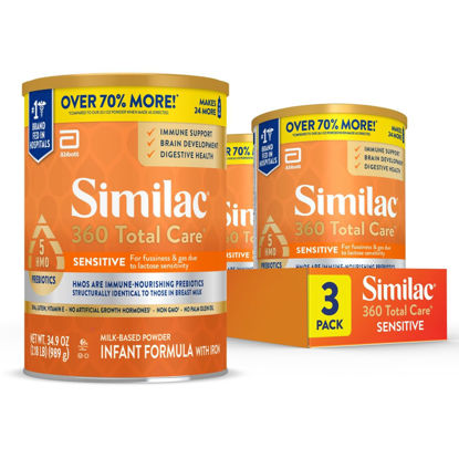 Picture of Similac 360 Total Care Sensitive Infant Formula for Fussiness & Gas Due to Lactose Sensitivity, Has 5 HMO Prebiotics, Non-GMO, Baby Formula Powder, 34.9-oz Value Can, Pack of 3