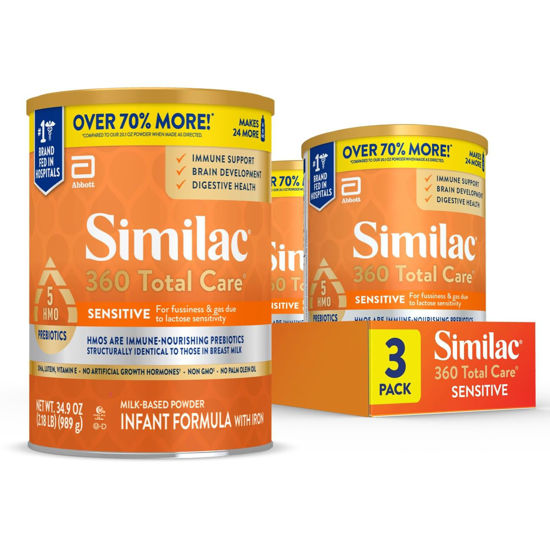 Picture of Similac 360 Total Care Sensitive Infant Formula for Fussiness & Gas Due to Lactose Sensitivity, Has 5 HMO Prebiotics, Non-GMO, Baby Formula Powder, 34.9-oz Value Can, Pack of 3