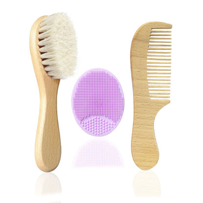 Picture of Molylove Baby Hair Brush with Wooden Handle and Comb Set for Newborns & Toddlers | Natural Soft Goat Bristles l Wood Comb l Purple Silicone Brush| Ideal for Cradle Cap (3 Piece)