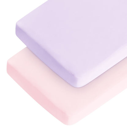Picture of Crib Sheets Girl, Baby Crib Sheets for Standard Crib Mattress & Toddler Bed Mattress, Snug Fit Breathable Soft Fitted Crib Sheet (28''x 52''x 8''), Crib Sheets for Baby Girl 2 Pack Pink & Violet