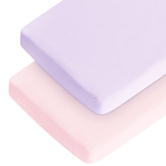 Picture of Crib Sheets Girl, Baby Crib Sheets for Standard Crib Mattress & Toddler Bed Mattress, Snug Fit Breathable Soft Fitted Crib Sheet (28''x 52''x 8''), Crib Sheets for Baby Girl 2 Pack Pink & Violet