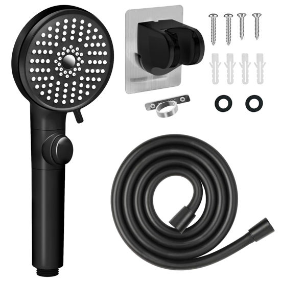 Picture of RV Shower Head with Hose, High Pressure 5 Mode Shower head Replacement, Shower Head for RV/Campers, Travel Trailer, Motorhome for Water Saving, Shower Head Holder and Hose, On Off Switch, Black