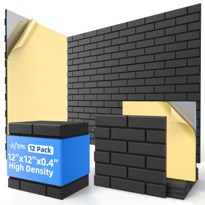 Picture of 12 Pack Acoustic Panels with Self Adhesive, 12" X 12" X 0.4" High Density Sound Proof Foam Panels for Walls, Soundproof Wall Panels, Brick Sound Absorbing Panels for Home Studio Office Decor - Black