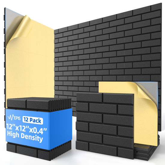 Picture of 12 Pack Acoustic Panels with Self Adhesive, 12" X 12" X 0.4" High Density Sound Proof Foam Panels for Walls, Soundproof Wall Panels, Brick Sound Absorbing Panels for Home Studio Office Decor - Black