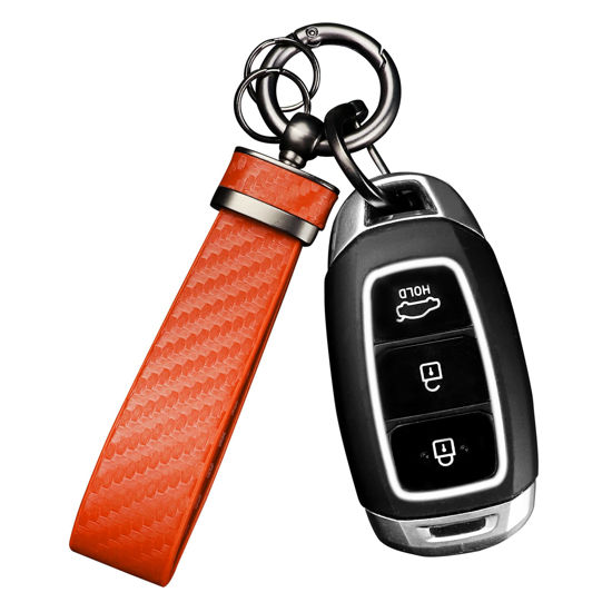Picture of Turcee Carbon Fiber Car Keychain,Automotive Interior Accessories Keychains Leather Car Key Fob,Car Accessories Key Ring&Anti-Lost D-Ring(Orange)