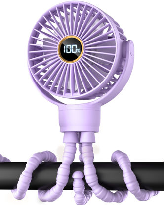 Picture of buywoo 3.5" Battery Powered Baby Stroller Cooling Fan, 3-Speed Rechargebale Tripod Fan with 360° Rotation, Quiet Portable Fan with LED Display, Great for Car Seat, Crib, Bike, Treadmill, Light Purple