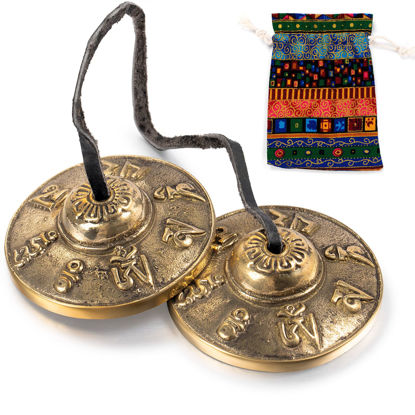 Picture of Boao Tibetan Tingsha Cymbals Meditation Chime Bells with Tibetan Drawstring Cloth Bag, 6.3 cm Meditation Chime Bells, for Percussion Instrument(Om Mane Padme Hum Symbols Embossed)