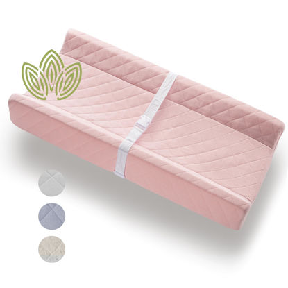Picture of Organic Cotton Contoured Baby Changing Pad w/Waterproof Foam Mattress, Includes Soft, Removable & Washable Cover, Safety Strap, Non-Slip Bottom, Topper for Standard Size Infant Diaper Table & Dresser