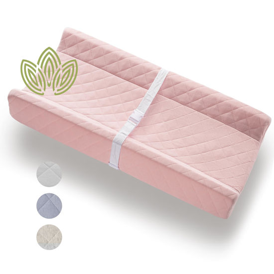 Picture of Organic Cotton Contoured Baby Changing Pad w/Waterproof Foam Mattress, Includes Soft, Removable & Washable Cover, Safety Strap, Non-Slip Bottom, Topper for Standard Size Infant Diaper Table & Dresser