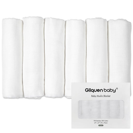 Picture of GLLQUEN BABY Receiving Blanket Boy Cotton Muslin Swaddle Blankets Girl Newborn Squares Breathable & Soft Thin Baby Blankets Cloths Double Absorbent Infant Swaddling Wrap - 6 Pack (White)