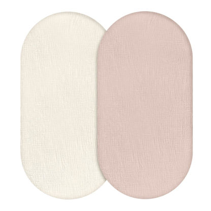 Picture of Muslin Bassinet Fitted Sheets, 2 Pack for Baby Boy and Girl, Soft Breathable Stretchy Baby Pad/Mattress Sheet Set, Universal Fit for Hourglass Oval and Rectangle Bassinet Mattress (Gentle Colors)