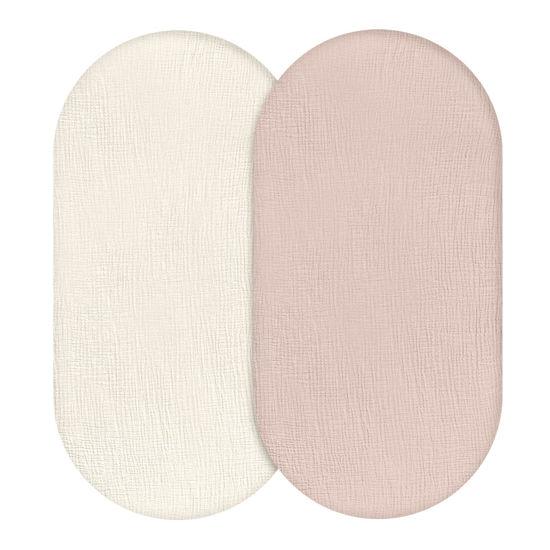 Picture of Muslin Bassinet Fitted Sheets, 2 Pack for Baby Boy and Girl, Soft Breathable Stretchy Baby Pad/Mattress Sheet Set, Universal Fit for Hourglass Oval and Rectangle Bassinet Mattress (Gentle Colors)