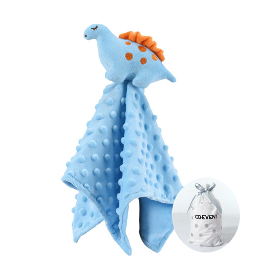 Picture of CREVENT Cozy Plush Baby Security Blanket Loveys for Baby Boys, Minky Dot Front + Sherpa Backing with Animal Face (Blue Dinosaur)