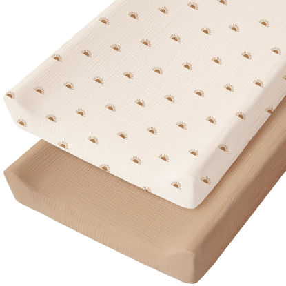 Picture of Konssy Muslin Changing Pad Cover for Baby Girls Boys, 100% Cotton Fitted Diaper Chang Table Covers, Soft Breathable Changing Pad Sheets, 2 Pack (Camel,Sun)