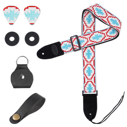 Picture of QIELIZI Adjustable Guitar Strap Includes 2 Strap Locks & 2 Matching Picks & 1 Picks Holder & 1 leather Strap Button.Leather ends Guitar Shoulder Strap(1-Jacquard Blue White)