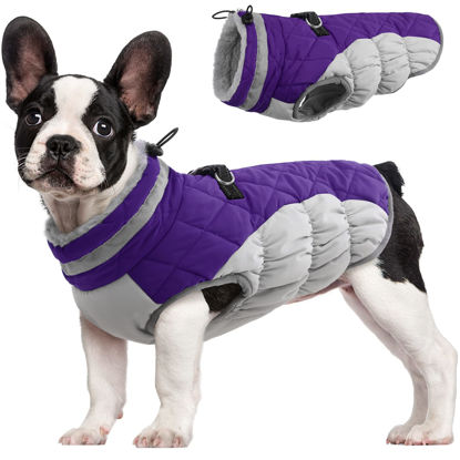 Picture of FUAMEY Dog Coat,Warm Dog Jacket Winter Coat Paded Dog Fleece Vest Reflective Dog Cold Weather Coats with Built in Harness Waterproof Windproof Dog Snow Jacket Clothes with Zipper Purple Medium