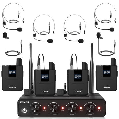 Picture of TONOR Wireless Microphones System with UHF Headset/Lavalier Lapel Mics, Bodypack Transmitter, Receiver, 4 * 10 Channels, 200ft Range for Church Conference Performance Singing Karaoke PA Speaker Mixer