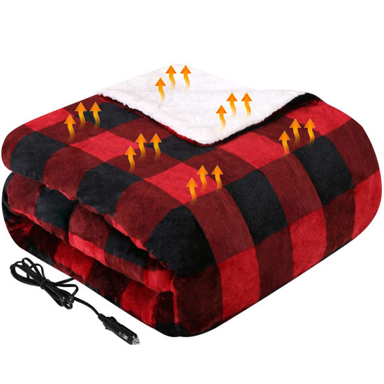Picture of Westinghouse Heated Car Blanket, 12-Volt Electric Blanket for Car, Truck, SUV, RV, Portable Heated Throw for Camping, Red Buffalo Plaid, 59" x 43”