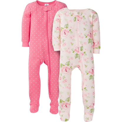 Picture of Gerber Baby Girls' 2-Pack Footed Pajamas, Pink Rose, 6 Months