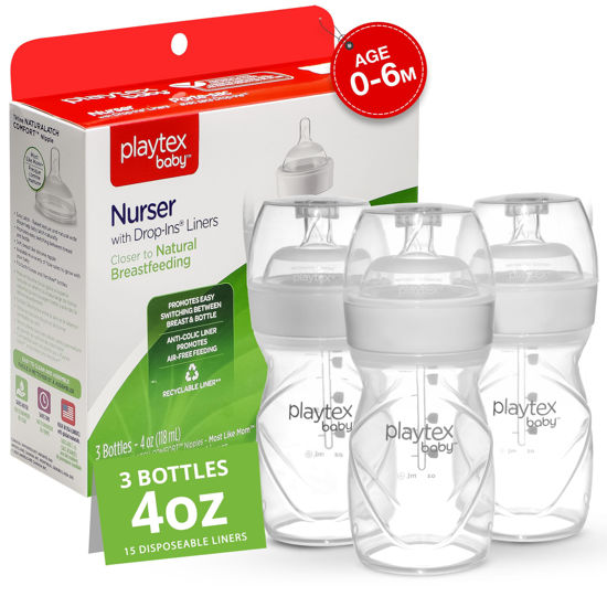Picture of Playtex Baby Bottles for Newborn Babies - Anti-Colic Breastfeeding Bottles for Babies with 15 Pre-Sterilized Disposable Drop-in Liners, Vented Nipple, Air-Free Feeding, and Reduce Gas, 3-Pack, 4 Oz