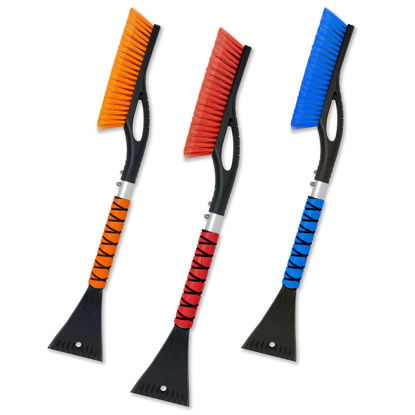 Picture of EcoNour 27" Aluminum Car Snow Scraper and Brush (Orange, Red & Blue) | Weaved Bristle Head with Metal Body Ice Scraper for Car Windshield | Tough Ice Scraper with Foam Grip Winter Accessory | 3 Pack