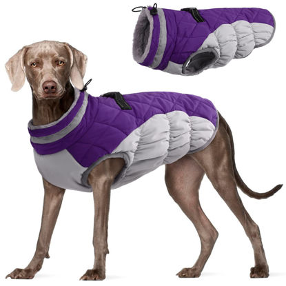 Picture of FUAMEY Dog Coat,Warm Dog Jacket Winter Coat Paded Dog Fleece Vest Reflective Dog Cold Weather Coats with Built in Harness Waterproof Windproof Dog Snow Jacket Clothes with Zipper Purple X-Large