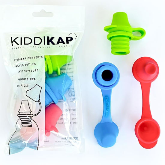 Picture of KiddiKap - No Spill Silicone Bottle Topper Spout - 3 Pack Bundle (Red, Blue, Green) - BPA Free - 7mm Slit