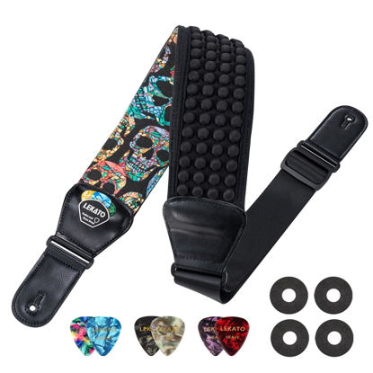 Picture of LEKATO Guitar Bass Strap for Electric Guitar Bass, 3" Wide Padded Guitar Strap Neoprene Pad with 3D Sponge Filling Adjustable Length from 45" to 55" with Strap Locks, Picks, Cool Skull