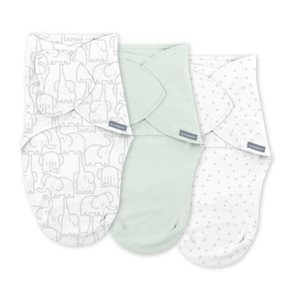 Picture of SwaddleMe by Ingenuity Monogram Collection Baby Swaddle, 100% Cotton, Improves Sleep & Calms Startle Reflex, 0-3 Months, Pocket Fold Design for Easy Changes, 1.0 TOG, 3-Pack - Elephant Dance
