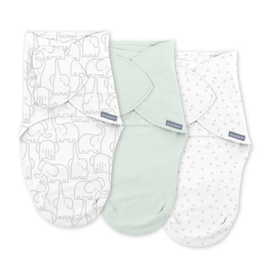 Picture of SwaddleMe by Ingenuity Monogram Collection Baby Swaddle, 100% Cotton, Improves Sleep & Calms Startle Reflex, 0-3 Months, Pocket Fold Design for Easy Changes, 1.0 TOG, 3-Pack - Elephant Dance
