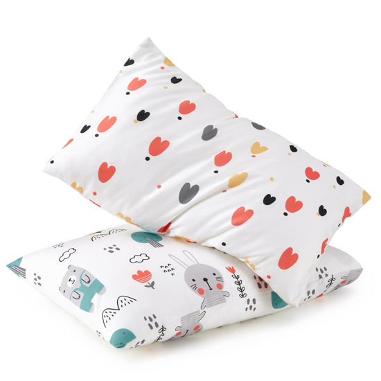 Picture of TILLYOU Toddler Pillowcase 2 Pack with Envelope Closure,Silky Soft Microfiber 13" x 18" Kids Travel Pillow Cases,Bib Bear & Colorful Love