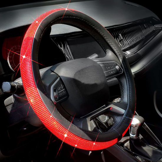 Picture of ChuLian New Diamond Leather Steering Wheel Cover with Bling Bling Crystal Rhinestones, Universal Fit 15 Inch Car Wheel Protector for Women Girls Red Diamond