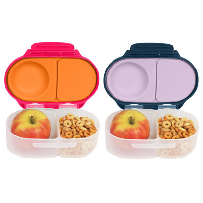 Picture of b.box Snack Box (2-pack) for Kids & Toddlers: 2 Compartment Snack Containers, Mini Bento Box, Lunch Box. Leak Proof, BPA free, Dishwasher safe. Ages 4 months+ (s'shake + indigo rose, 12oz capacity)