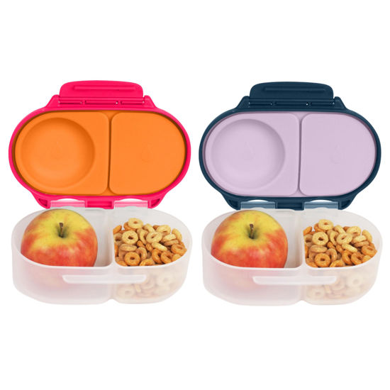 Picture of b.box Snack Box (2-pack) for Kids & Toddlers: 2 Compartment Snack Containers, Mini Bento Box, Lunch Box. Leak Proof, BPA free, Dishwasher safe. Ages 4 months+ (s'shake + indigo rose, 12oz capacity)