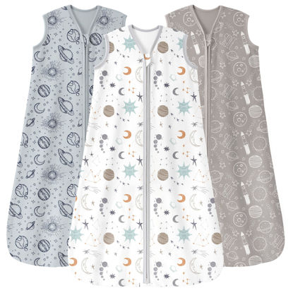 Picture of Unnivoll Baby Sleep Sack 18-24 Months 3 Pack 100% Cotton Lightweight 0.5 TOG Wearable Blanket Baby Sleep Bag with 2-Way Zipper for Newborn Infant White Gray Blue Space