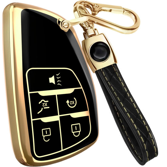 Picture of for GMC Sierra 1500 Key Fob Cover and Leather Keychain - Full Cover Key Case for Chevy Silverado, Tahoe for Buick Avenir, Envision - 2021-2024 YG0G21TB2 TPU Keyfob Cover - Black and Gold