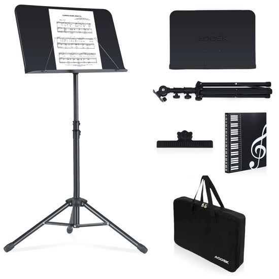 Picture of AODSK Sheet Music Stand,5 in 1 Dual-Use Folding Sheet Music Stand & Desktop Book Stand with Portable Carrying Bag & Music Sheet Clip Holder & Sheet Music Book(Black) (AS-M55)