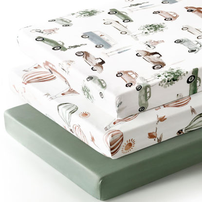 Picture of GRSSDER Fitted Pack and Play Sheets 3 Pack, Stretchy Ultra Soft Jersey Knit Portable/Mini Crib Sheets, Universal Fit for Pack N Plays Safe and Snug, Stylish Playard Sheets for Boys