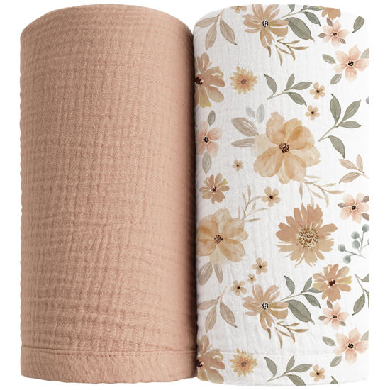 Picture of Konssy Muslin Swaddle Blankets for Boys Girls, 2 Pack Receiving Baby Blanket Large 47 x 47 inches, Soft Breathable Swaddling Wrap for Unisex Newborn (Flourish, Toffee)